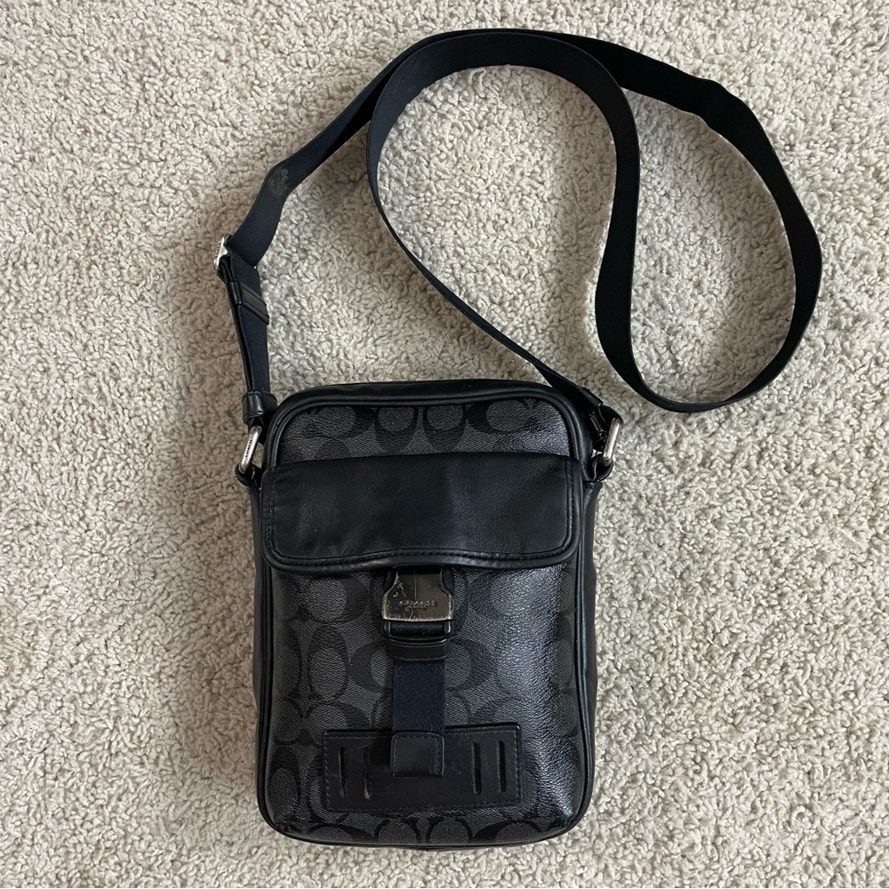 Men's COACH Black Leather SIGNATURE C Canvas CROSS--BODY Messenger CITY BAG